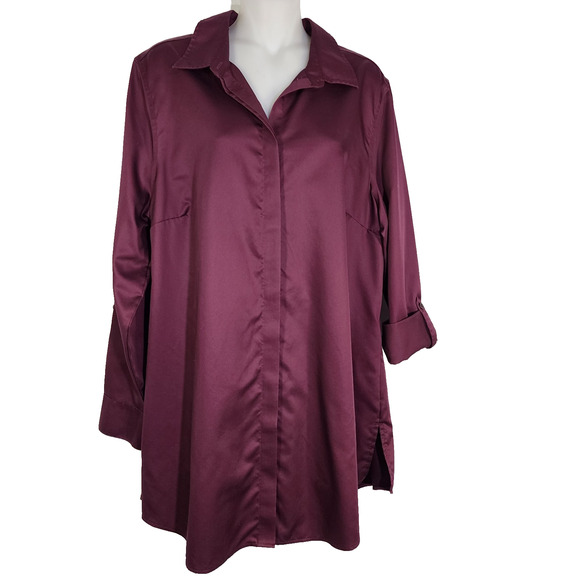 Chico’s Tunic Top Womens Size 2 Large Wrinkle Resistant Sateen Button Up Maroon - Picture 1 of 11
